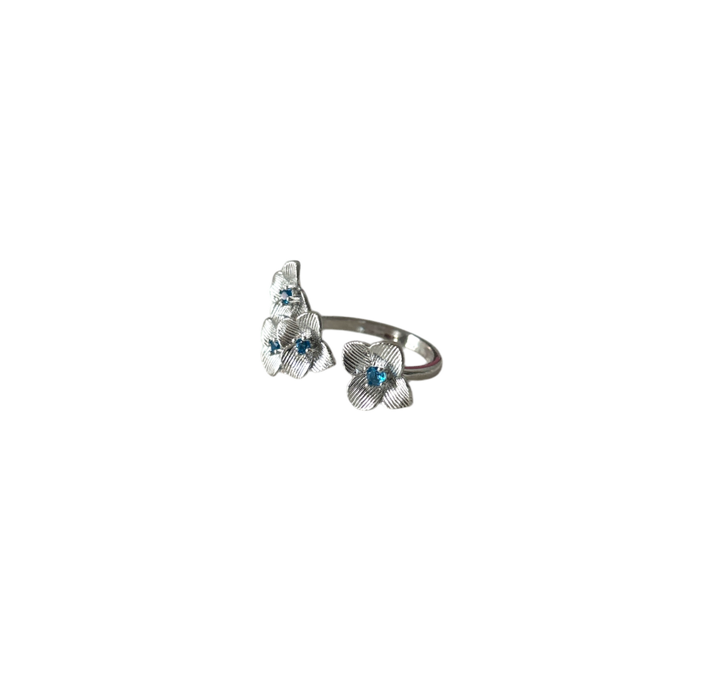 Blue Blossom Trio Ring – Sterling Silver Floral Statement Ring