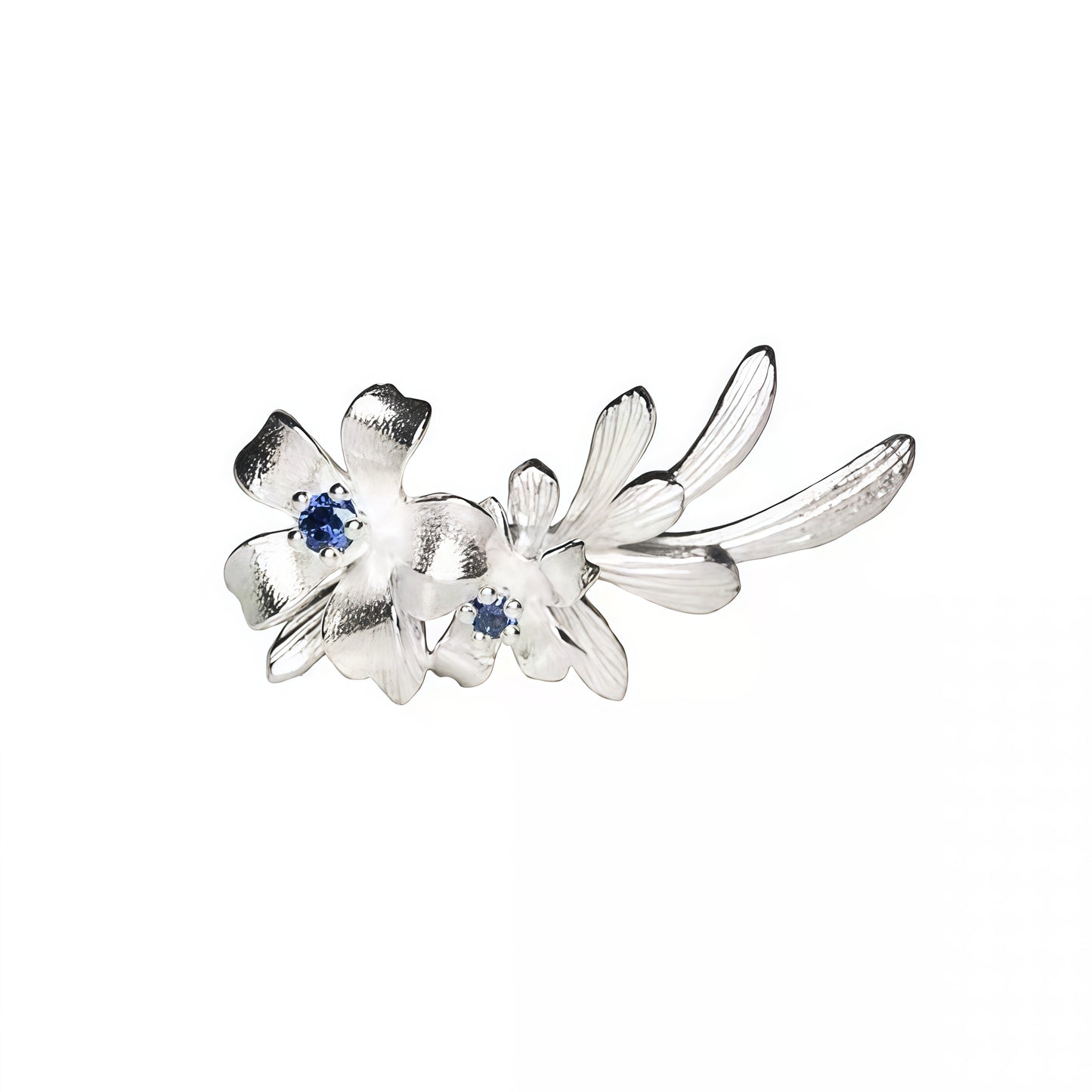 Silver Blossom Ear Climber Earrings – Floral Vine Design with Blue Accents
