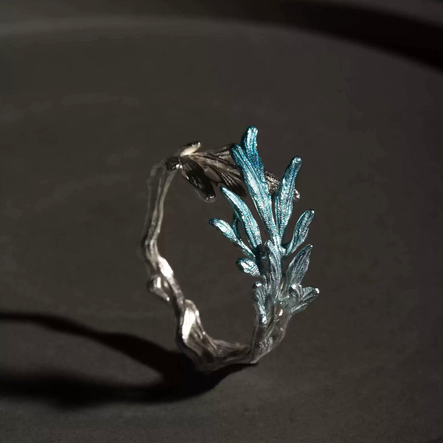 Ethereal Leaf Ring – Sterling Silver with Iridescent Blue Accents