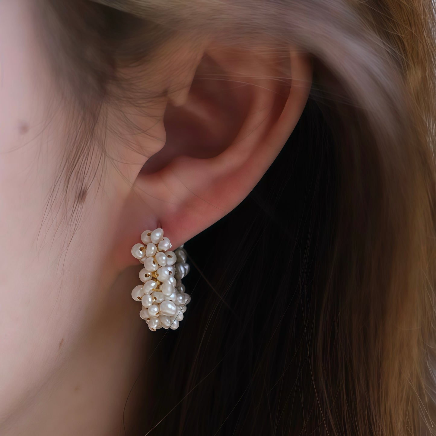 Gyllene Cluster Pearl Hoop Örhängen – Eleganta Statement Smycken