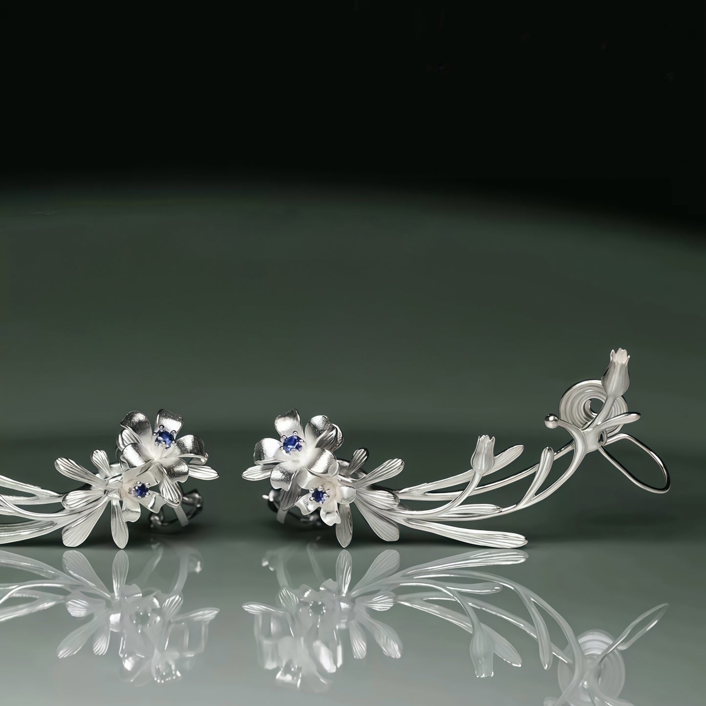 Silver Blossom Ear Climber Earrings – Floral Vine Design with Blue Accents