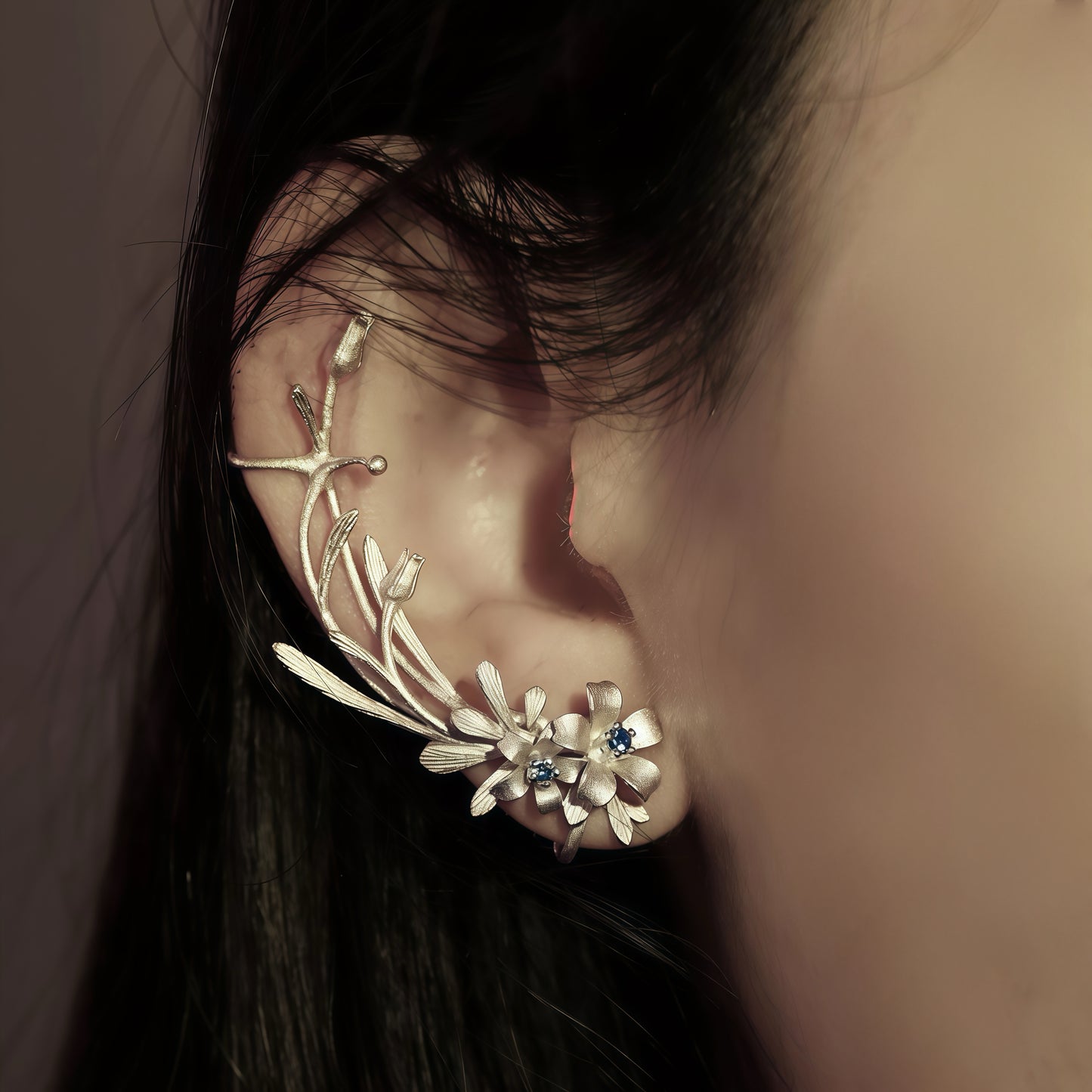 Silver Blossom Ear Climber Earrings – Floral Vine Design with Blue Accents