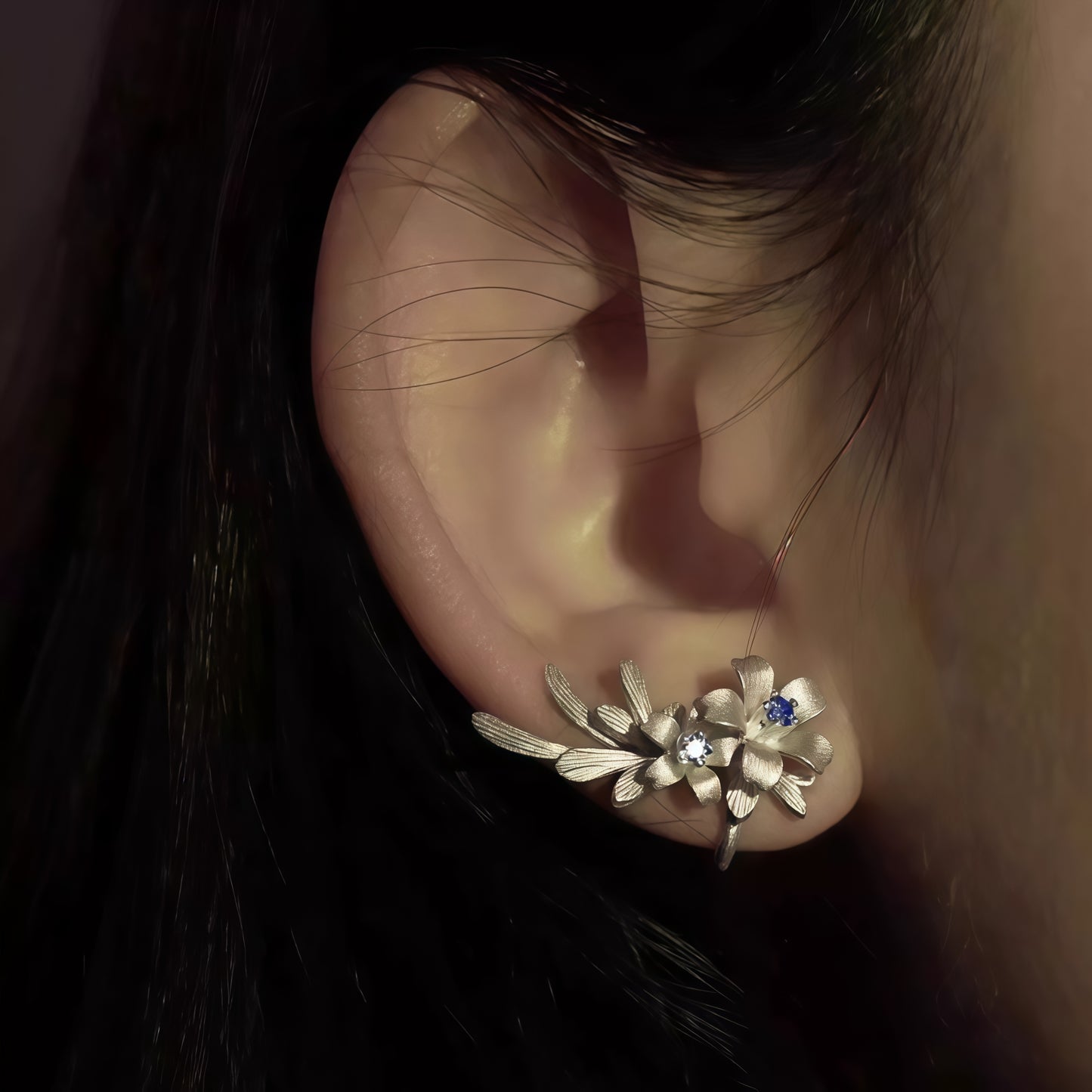 Silver Blossom Ear Climber Earrings – Floral Vine Design with Blue Accents