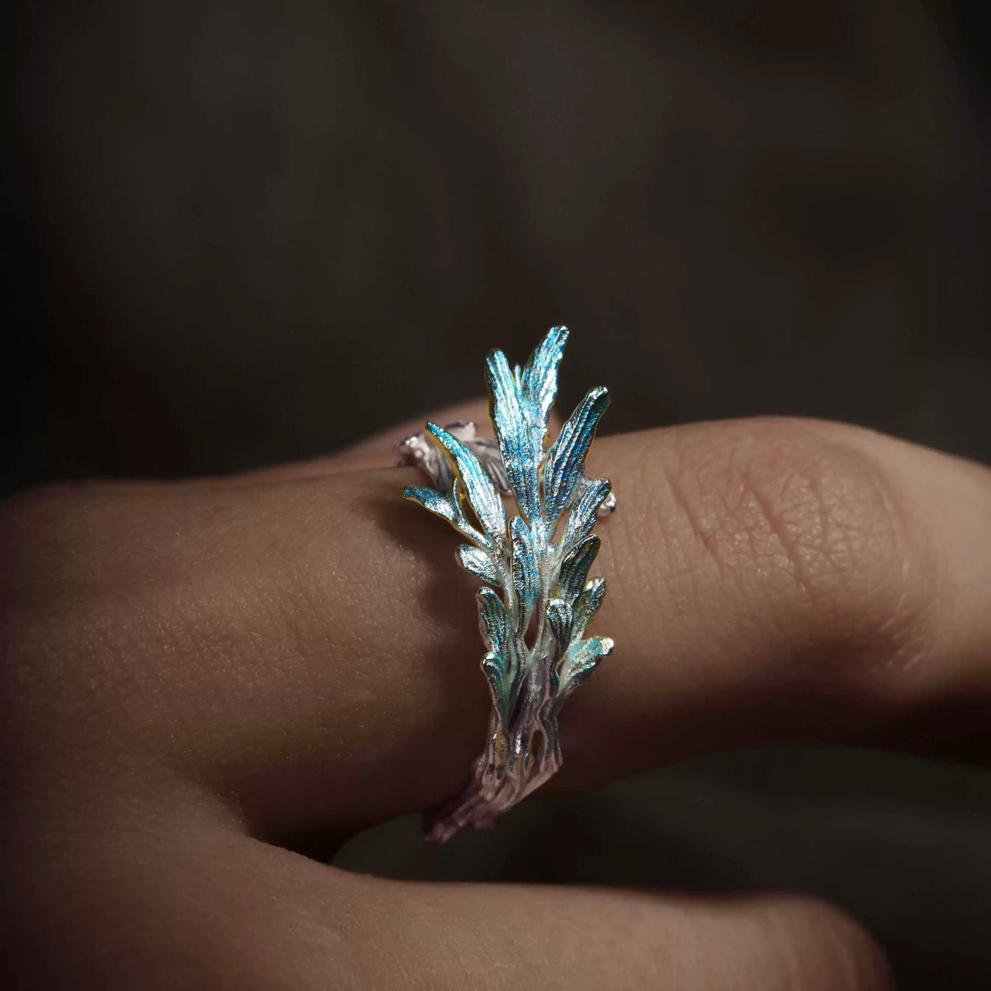 Ethereal Leaf Ring – Sterling Silver with Iridescent Blue Accents