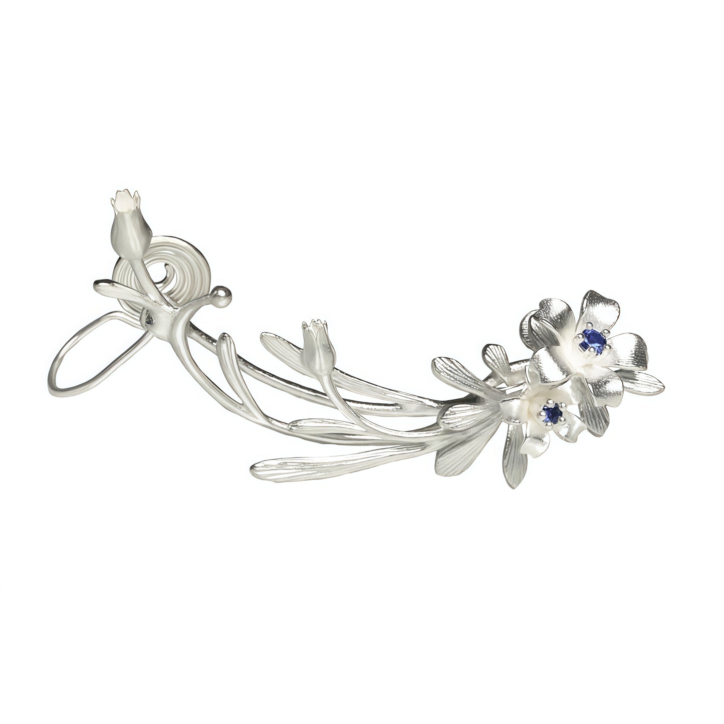 Silver Blossom Ear Climber Earrings – Floral Vine Design with Blue Accents