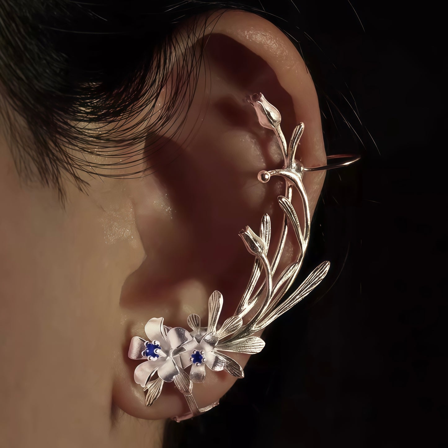 Silver Blossom Ear Climber Earrings – Floral Vine Design with Blue Accents