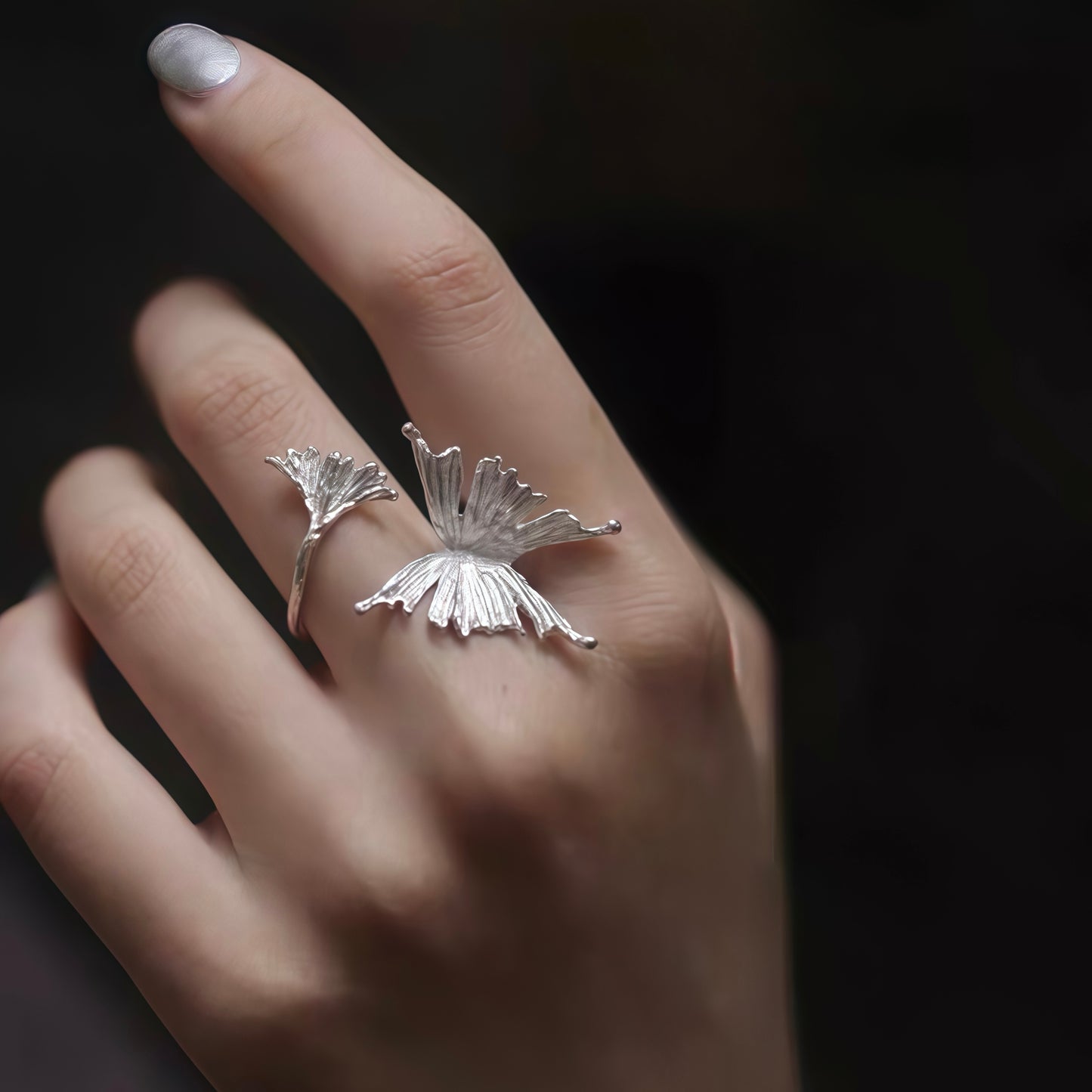 Butterfly & Leaf Adjustable Silver Ring