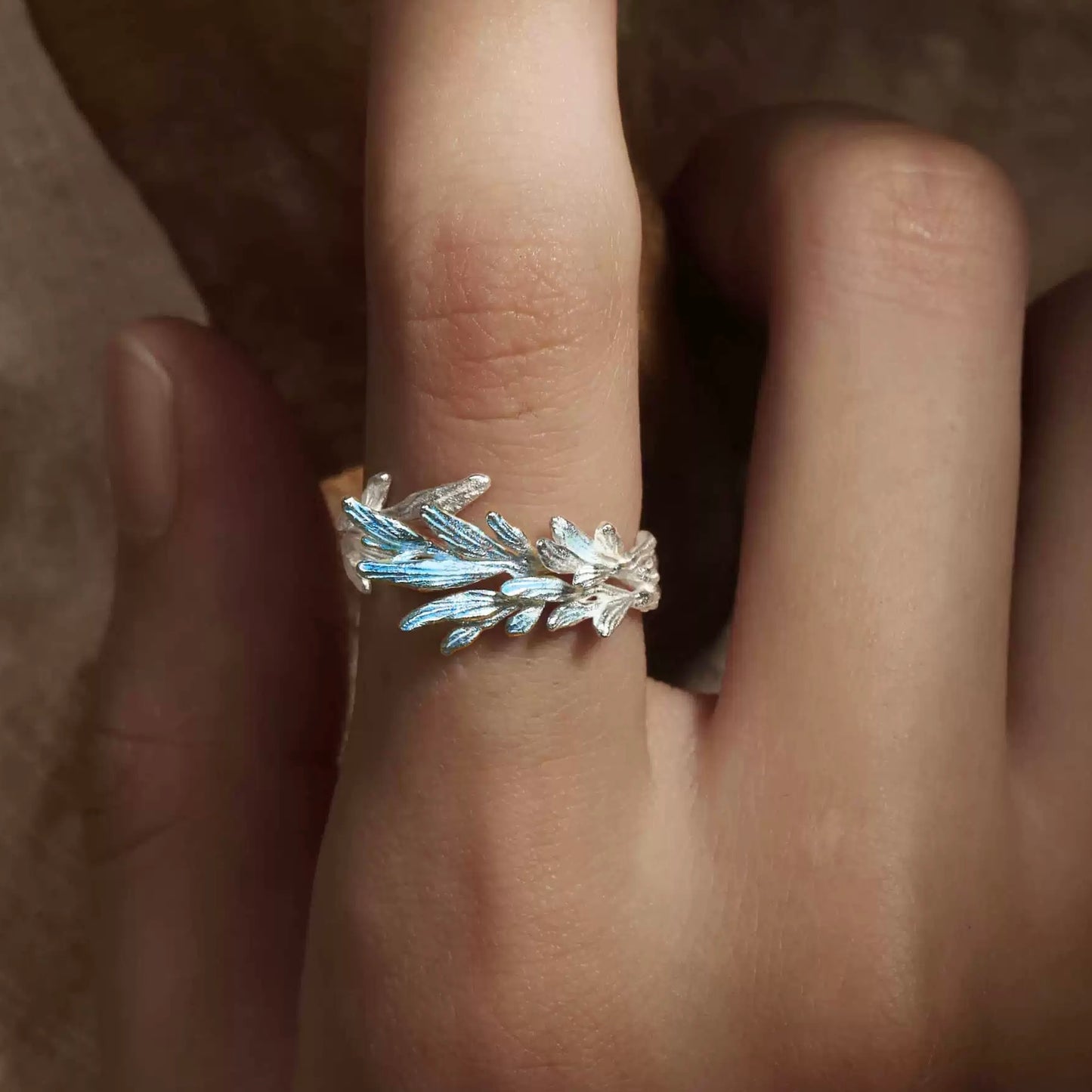 Ethereal Leaf Ring – Sterling Silver with Iridescent Blue Accents