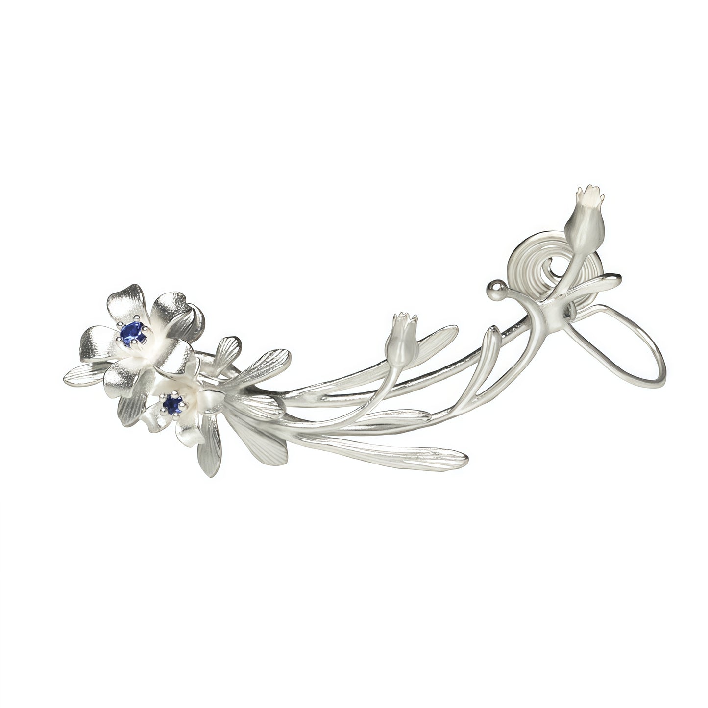Silver Blossom Ear Climber Earrings – Floral Vine Design with Blue Accents