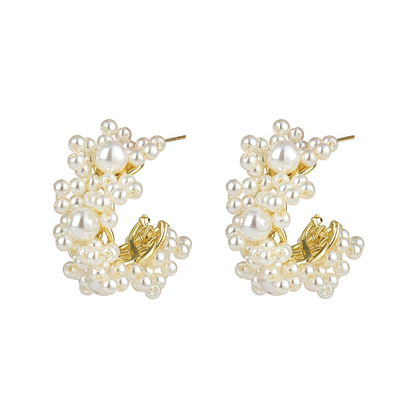 Gyllene Cluster Pearl Hoop Örhängen – Eleganta Statement Smycken