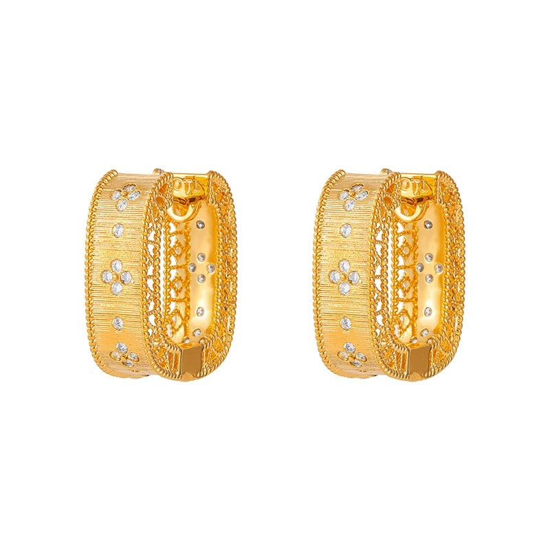Golden Bloom Hoops – Textured Gold-Plated Earrings with Floral Detailing