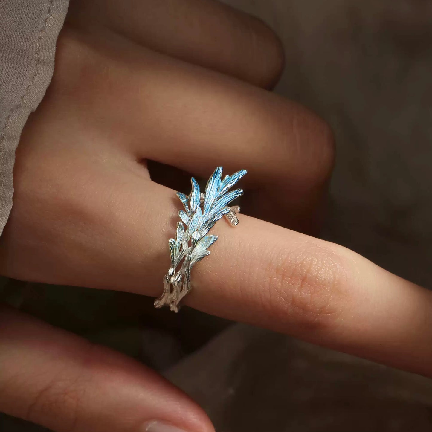 Ethereal Leaf Ring – Sterling Silver with Iridescent Blue Accents