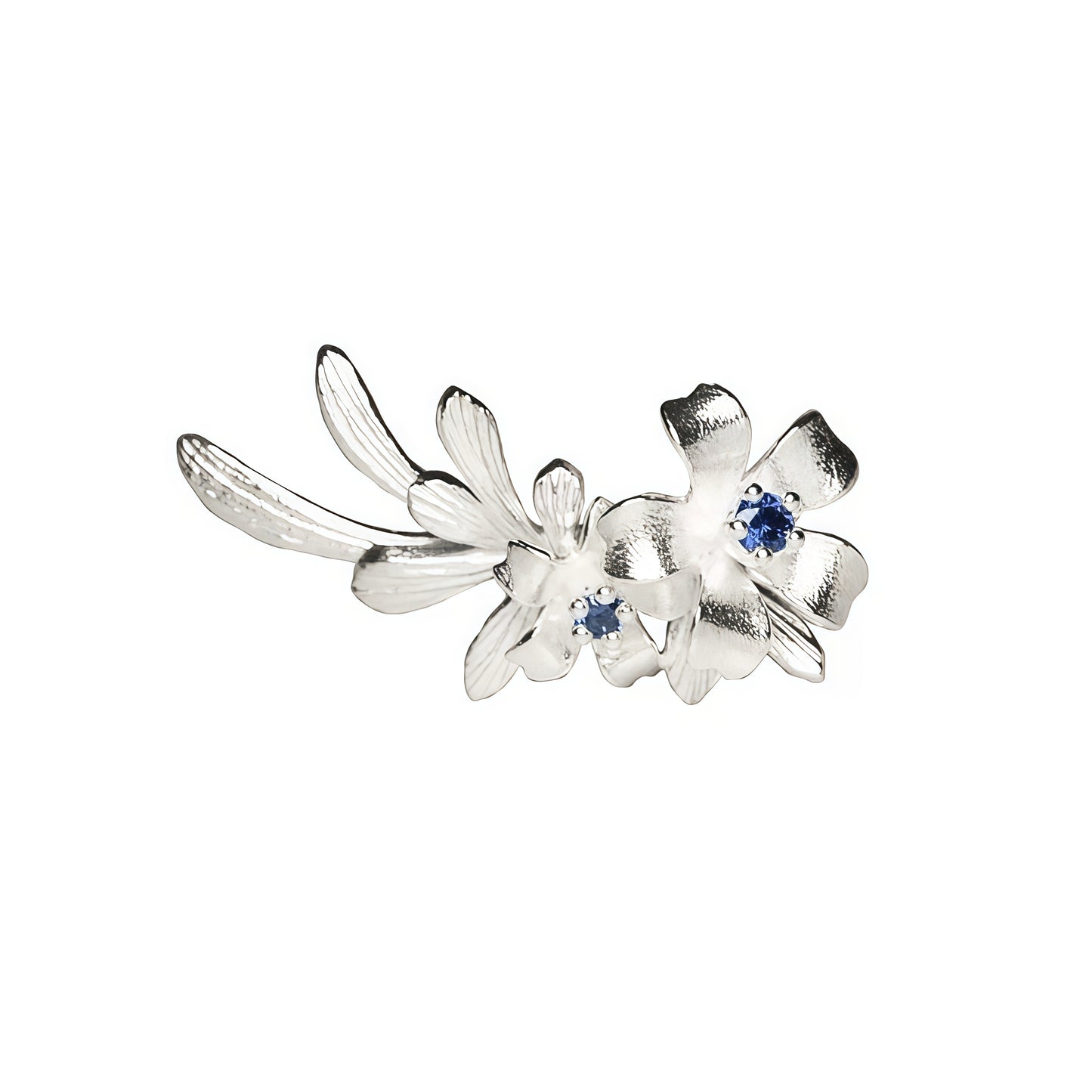Silver Blossom Ear Climber Earrings – Floral Vine Design with Blue Accents