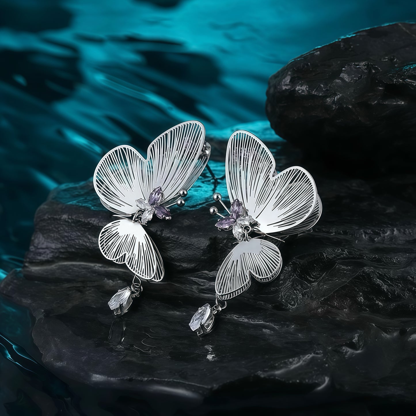 Butterfly Wings Statement Earrings – Silver & Amethyst Accents