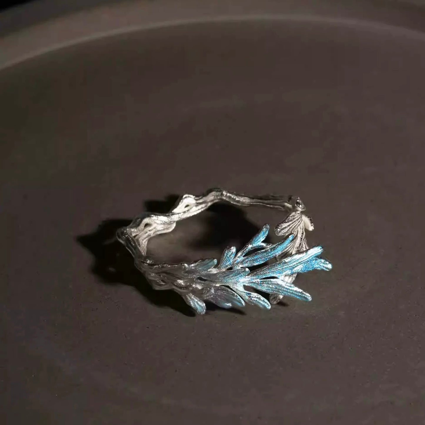 Ethereal Leaf Ring – Sterling Silver with Iridescent Blue Accents