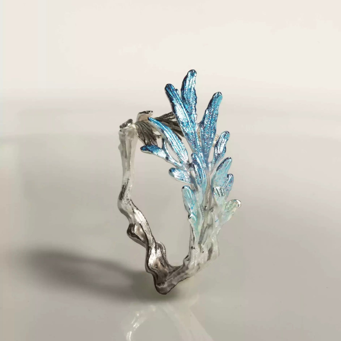 Ethereal Leaf Ring – Sterling Silver with Iridescent Blue Accents