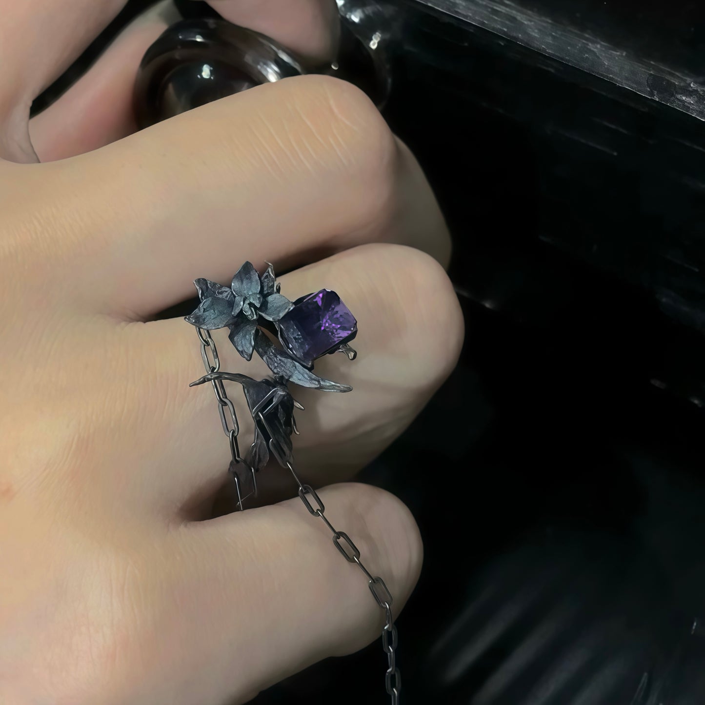 Midnight Orchid Chain Ring – Gothic Floral Elegance