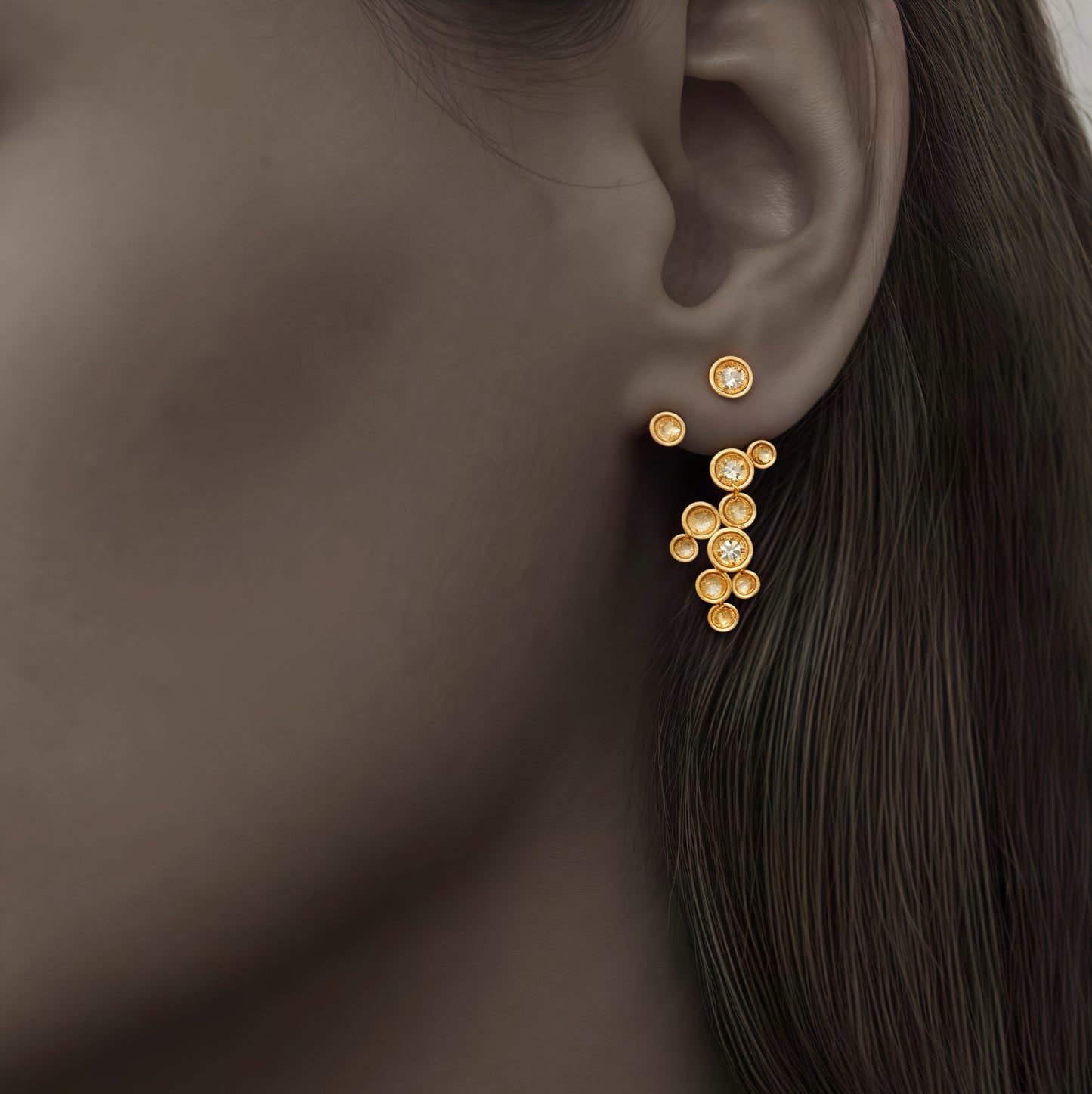 Golden Cluster Drop Earrings – Sculptural Elegance with a Sparkling Twist