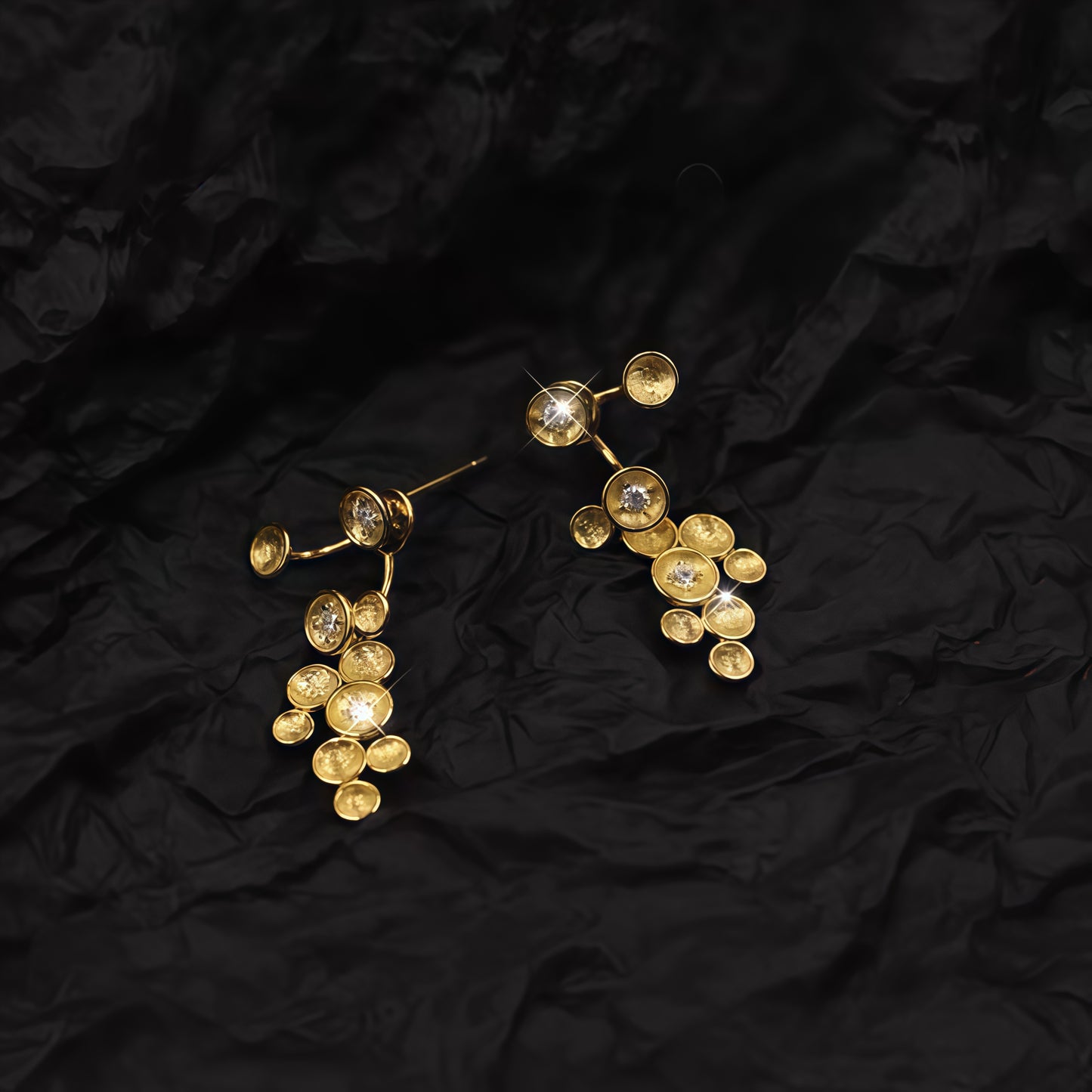 Golden Cluster Drop Earrings – Sculptural Elegance with a Sparkling Twist