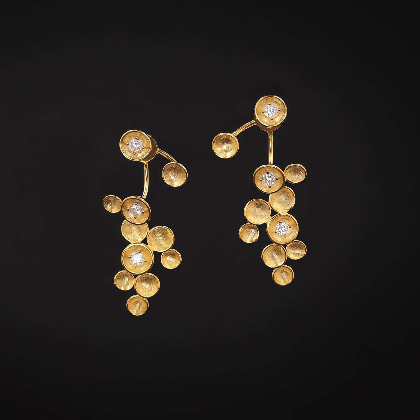 Golden Cluster Drop Earrings – Sculptural Elegance with a Sparkling Twist