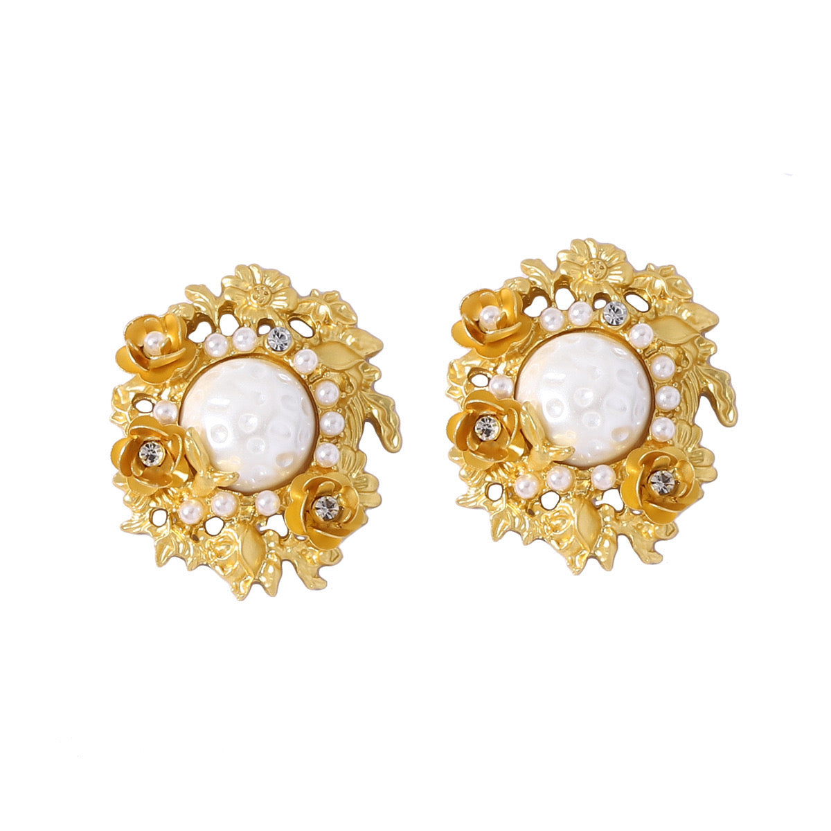 Garden Muse Earrings – Vintage Gold Floral Studs with Pearl Center