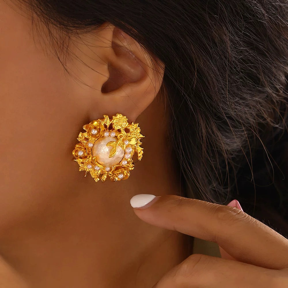 Garden Muse Earrings – Vintage Gold Floral Studs with Pearl Center