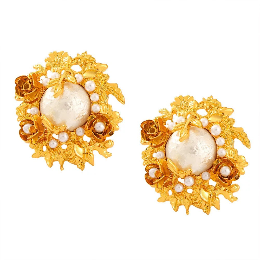 Garden Muse Earrings – Vintage Gold Floral Studs with Pearl Center