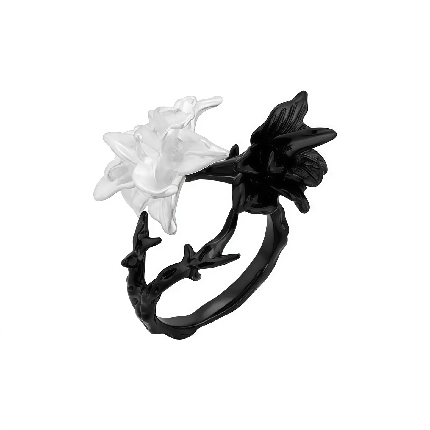 Black Vine & White Blossom Ring – Nature-Inspired Statement Jewelry