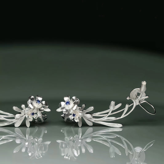 Silver Blossom Ear Climber Earrings – Floral Vine Design with Blue Accents