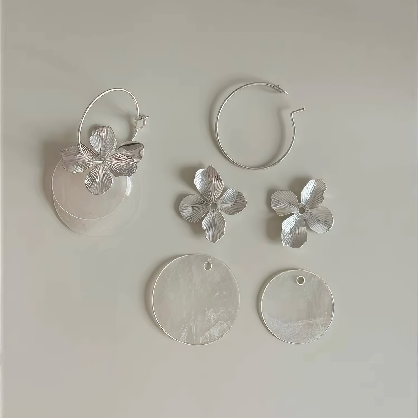 Eternal Bloom Multi-Wear Earrings – Sculptural Silver & Mother-of-Pearl