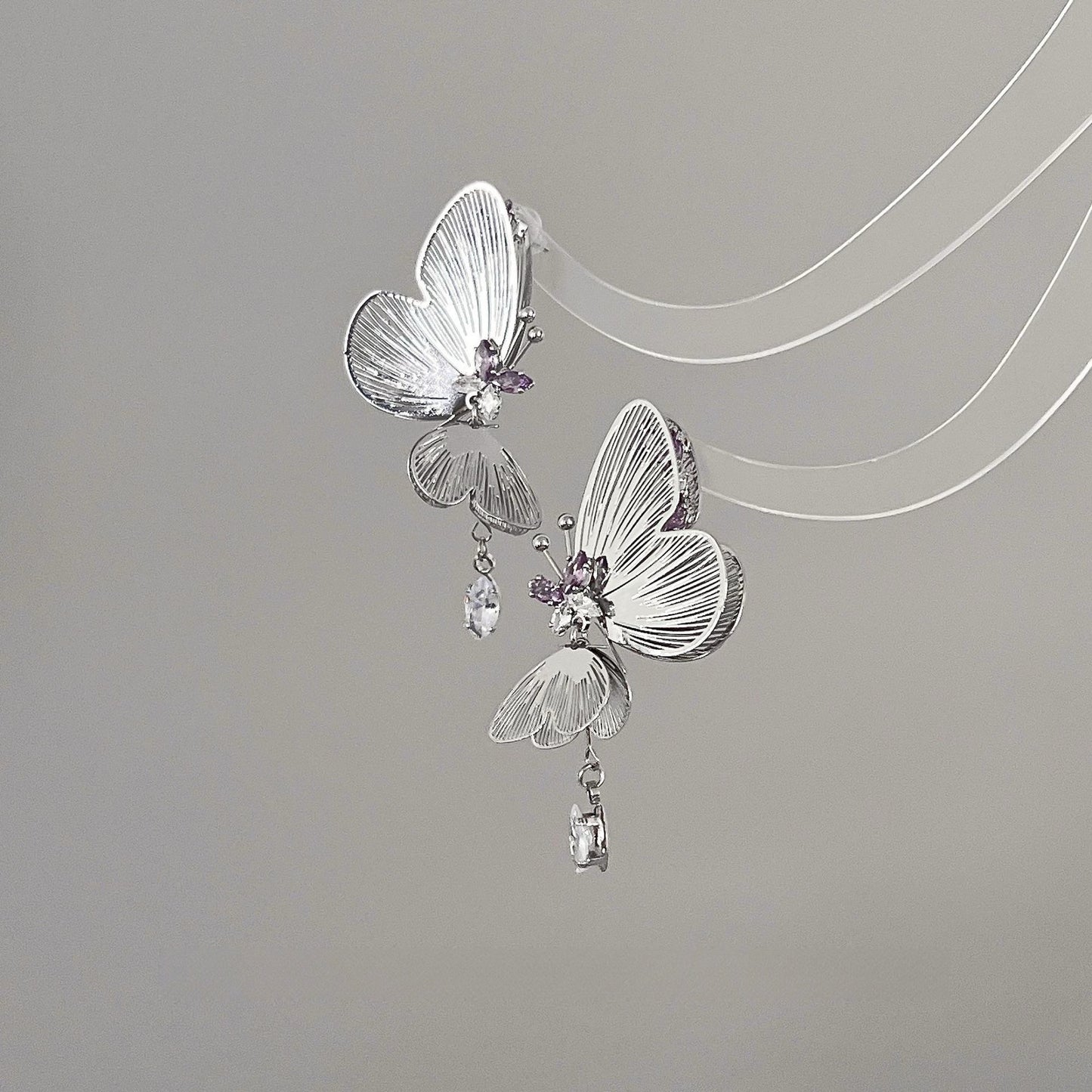 Butterfly Wings Statement Earrings – Silver & Amethyst Accents
