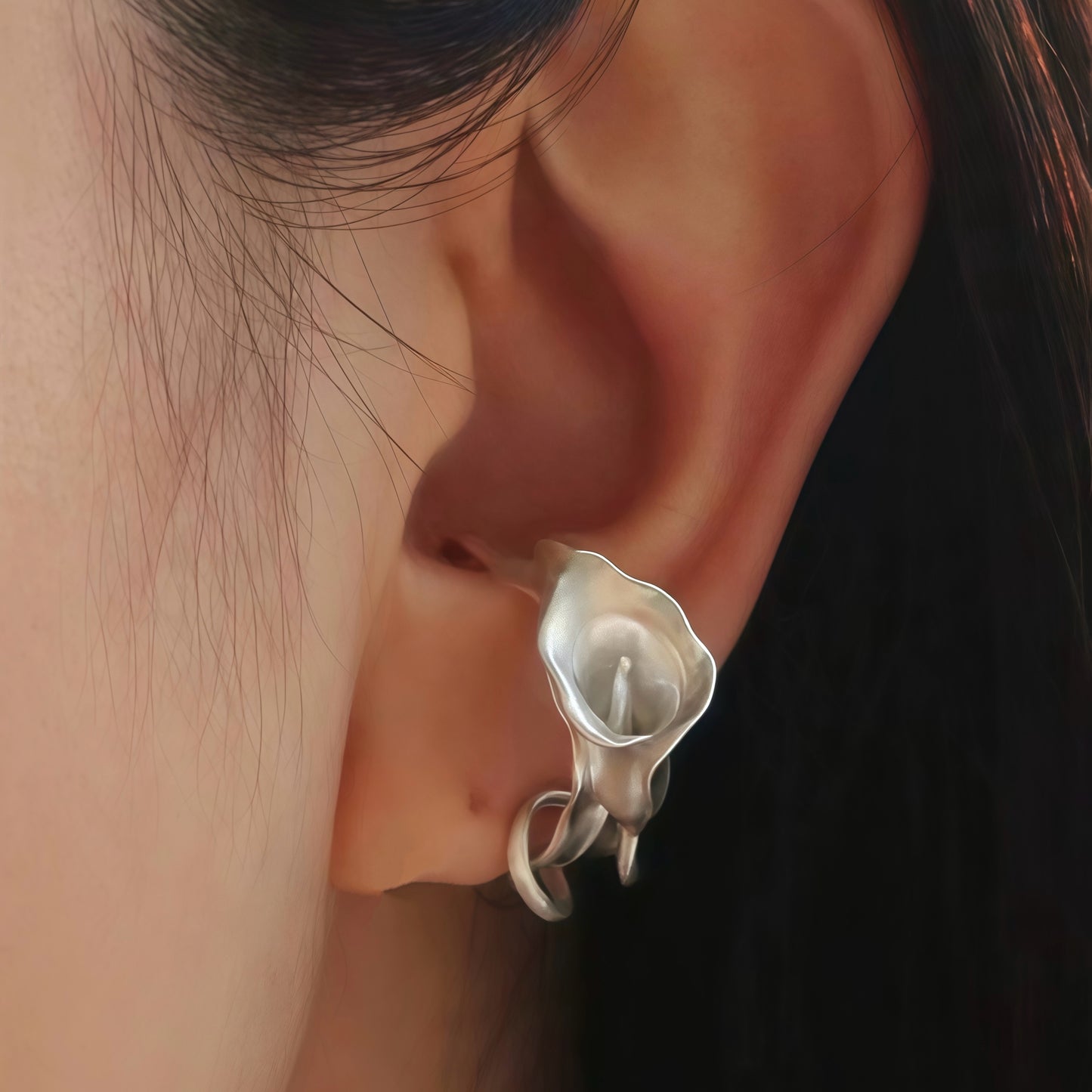 Calla Lily Ear Cuff / Ring – Adjustable Sculptural Silver Jewelry (2 styles in 1)