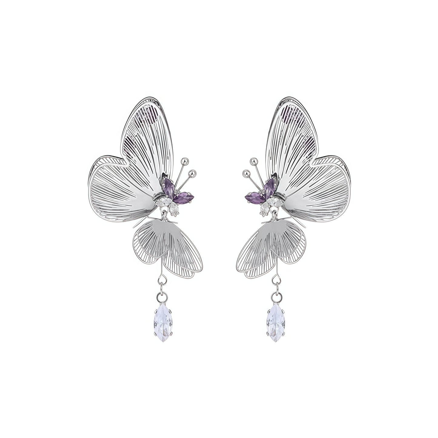 Butterfly Wings Statement Earrings – Silver & Amethyst Accents