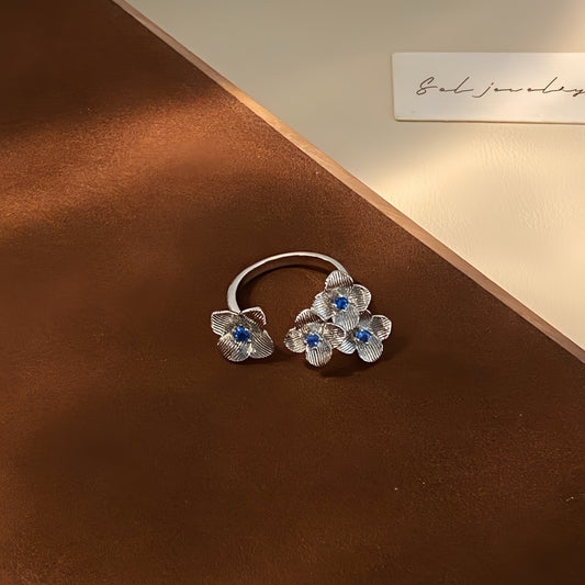 Blue Blossom Trio Ring – Sterling Silver Floral Statement Ring