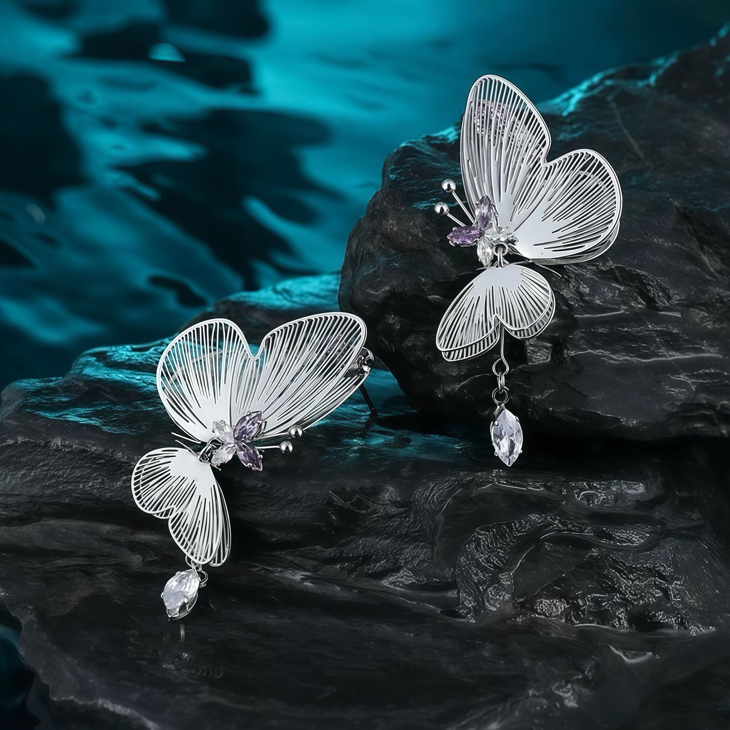 Butterfly Wings Statement Earrings – Silver & Amethyst Accents