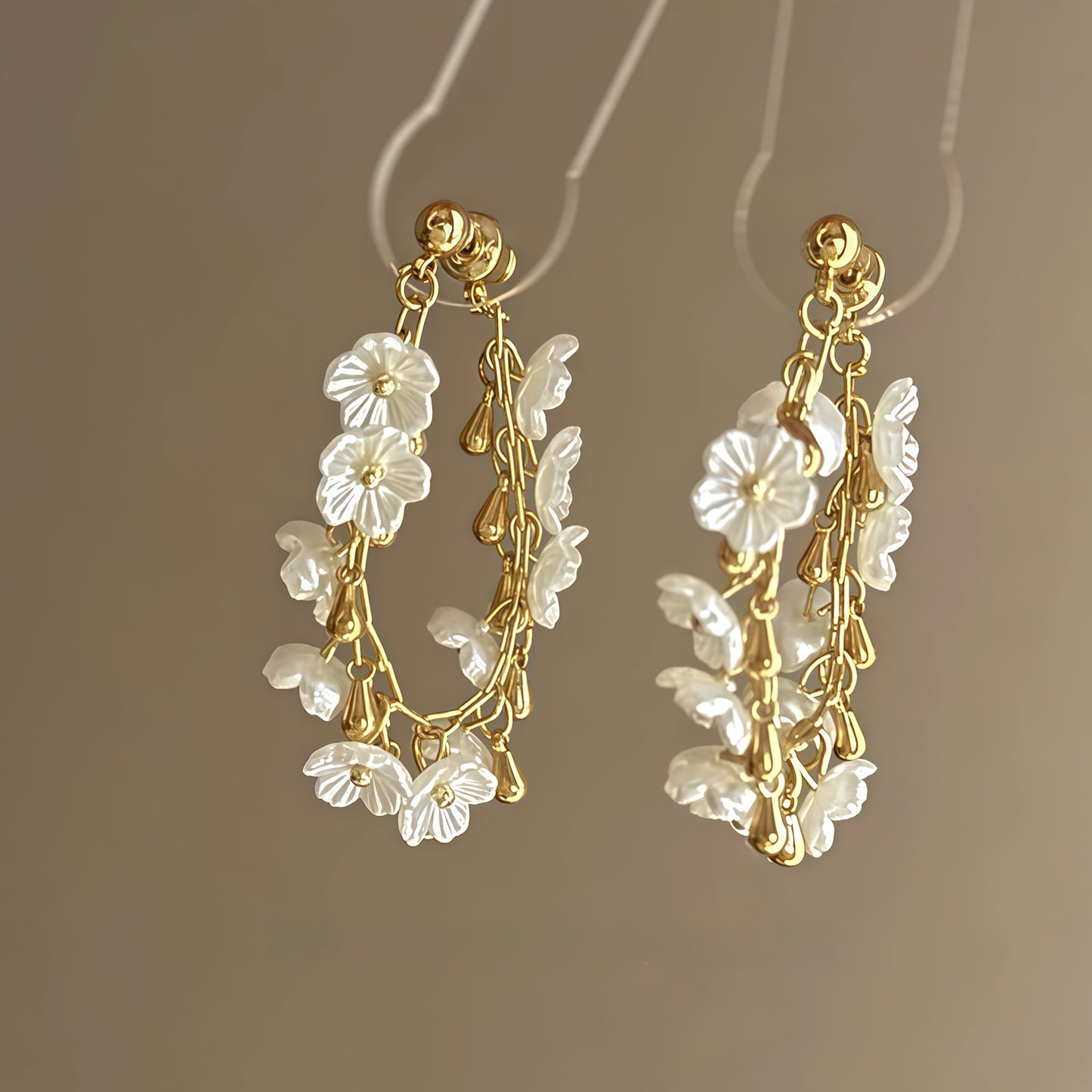 Cherry Blossom Rain Earrings – Convertible Floral Hoops & Mother-of-Pearl (2-in-1 Style)