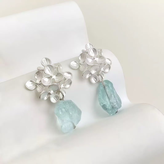 Blooming Aqua Earrings – Sterling Silver & Raw Gemstone Design