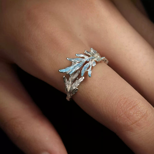 Ethereal Leaf Ring – Sterling Silver with Iridescent Blue Accents