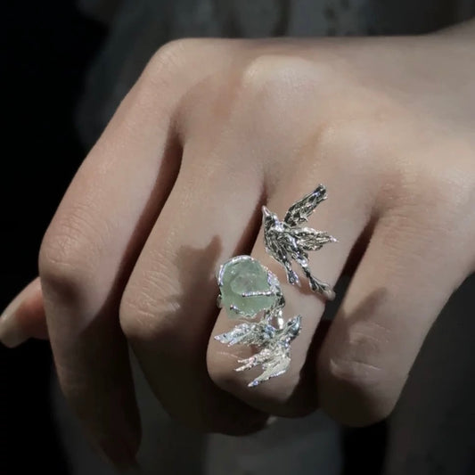 Sterling Silver Bird Ring with Raw Gemstone – Nature-Inspired Statement Jewelry