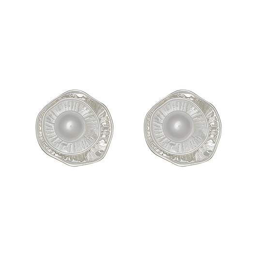 Silver Petal Pearl Stud Earrings – Modern Elegance with Sculptural Detail